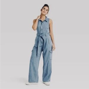 Universal Thread Denim Sleeveless Wide Leg Cargo Utility Jumpsuit Size 6 NWT